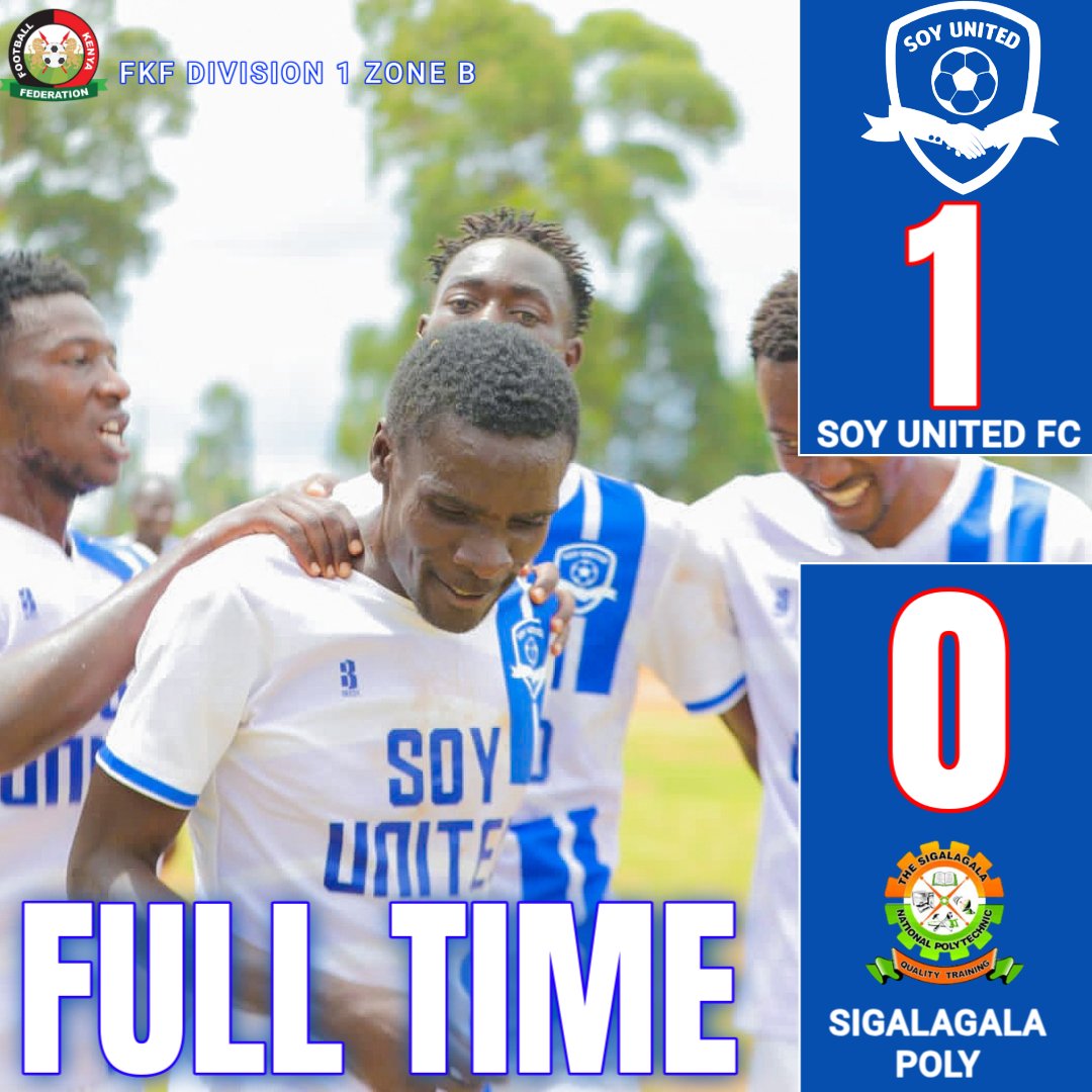 FULL TIME 

Kaboom, A sweet win at Ivugwi! 

Soy United FC 1-0 Sigalagala Polytechnic FC 

 #SoyNiYetu #WillToWin