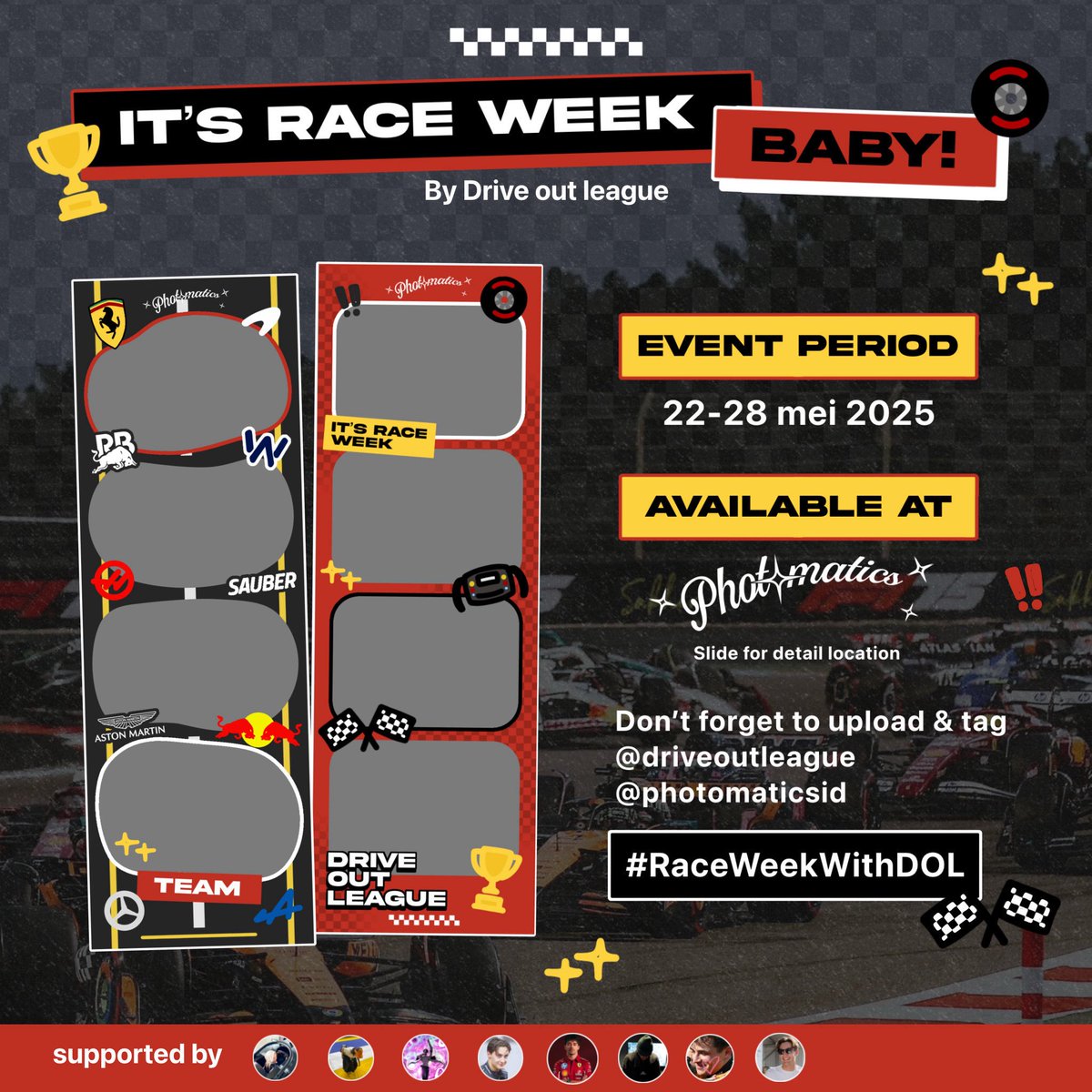 russellisasi's tweet photo. It’s Race Week just hit the grid, baby! Drive Out League 🏎️🏁

Our exclusive F1 photobooth—available now at Photomatics.

Event starts May 22–28, so it’s your time to flex your race-day fit and represent your dream team.

Tag @driveoutleague @photomaticsid 
#RaceWeekWithDOL https://t.co/7INfnyb8rp