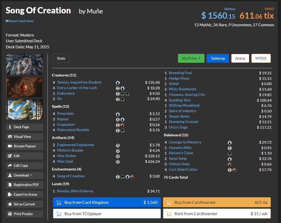 Mal resultado en el RCQ de ayer en MonteRonin pero muy contento con las 75, <a href="/Colomino_mtg/">Colomino</a> con el que estuve trabajando la lista se lo pincho. Pronto mas y mejor
MU:
R1: ETron 2/0
R2: Eldrazi ramp 2/1 
R3: Domain zoo 1/2
R4: Broodscale <a href="/HectorZonium/">Héctor Muñoz, PhD</a> 1/2
R5: UR Prowess 1/2