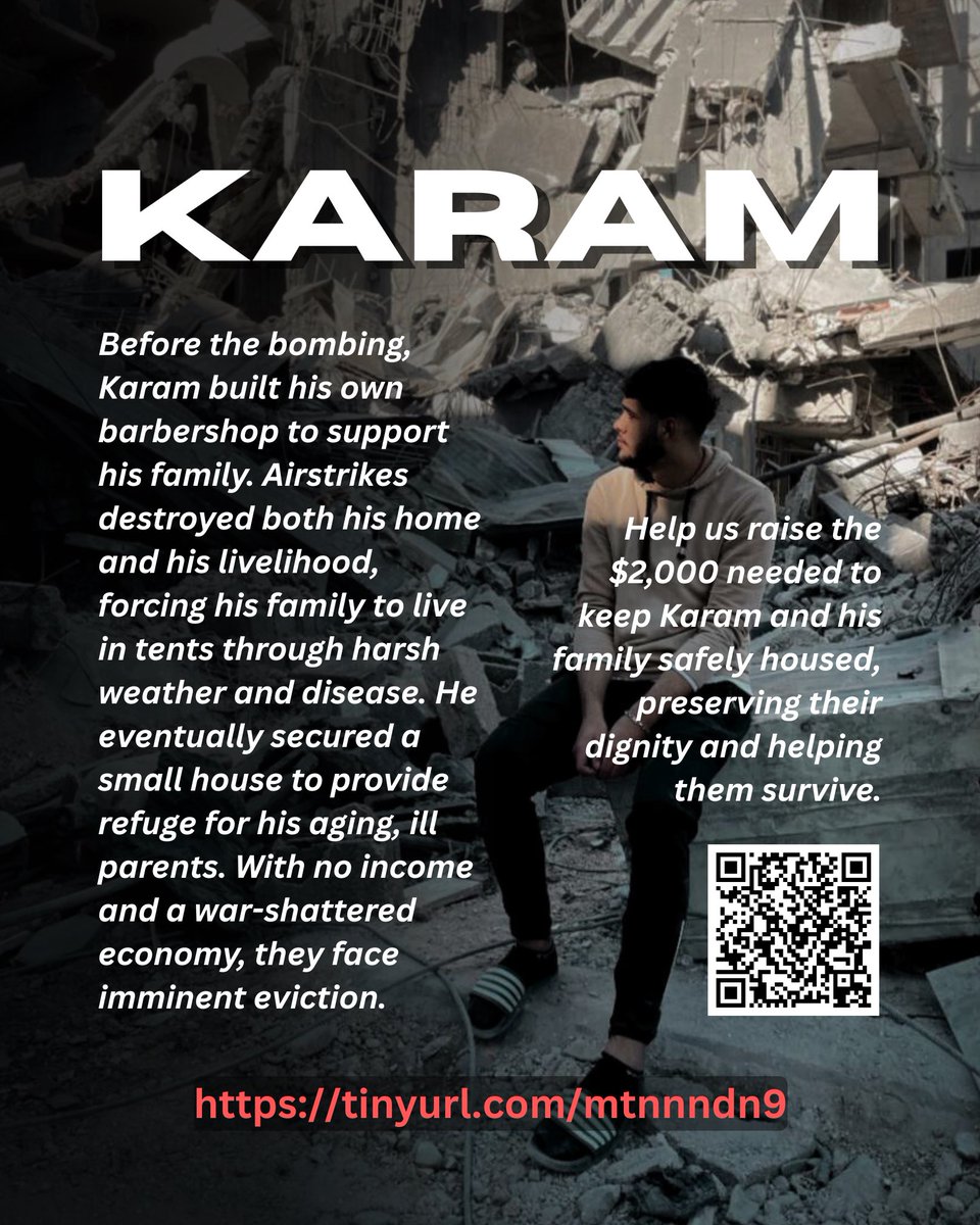 CocktCapitalism's tweet image. Karam built a barbershop to support his family in Gaza. Then airstrikes took everything—his home, his shop, his stability. Now he’s fighting to keep a roof over his sick parents’ heads. Just $2,000 can keep them housed.
tinyurl.com/mtnnndn9