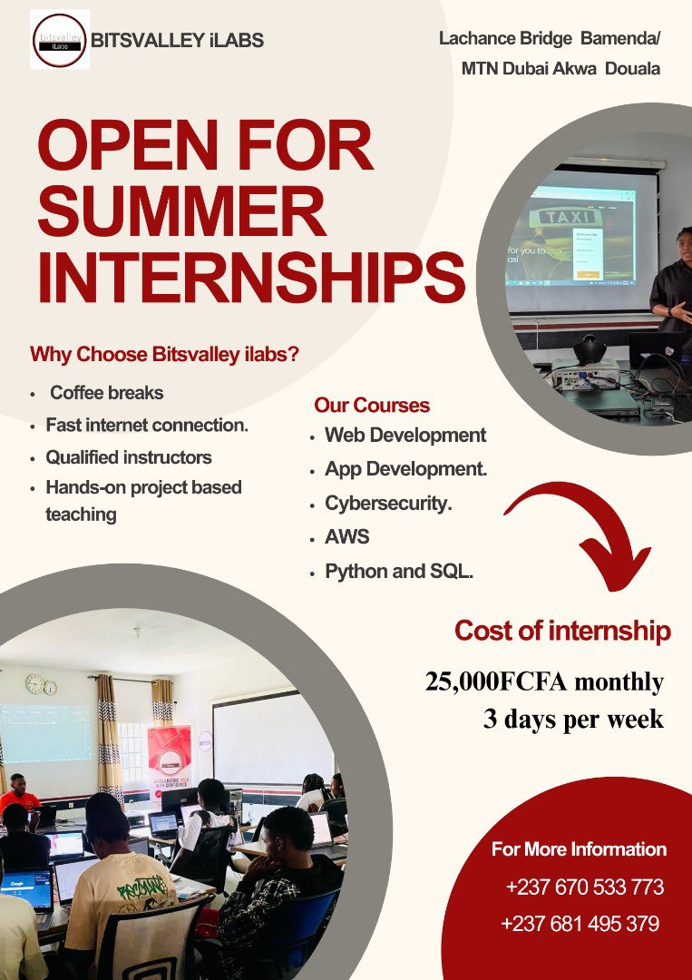 Join our summer internship.
Internship Details:
- 25,000 FCFA per month.
- 3 days per week.
📞+237 670 533 773 / 681 495 379  

Register:
forms.gle/2nAVcSwALJQPi9…
#BitsvalleyiLabs 
#TechTraining  
#WebDevelopment  
#AppDevelopment  
#Cybersecurity  
#AWS  
#Python  
#CareerGrowth
