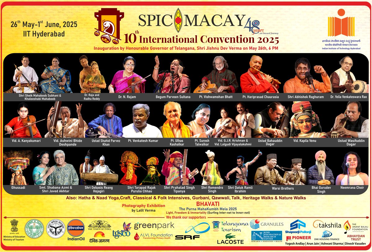 SPIC MACAY (@spicmacay) on Twitter photo The Countdown Begins! 📷
We're just days away from SPIC MACAY's 10th International Convention – at
<a href="/IITHyderabad/">IIT Hyderabad</a> from May 26 to June 1, 2025!
Immerse yourself in the timeless magic of Indian culture for a life-changing experience!
#SPICMACAY #10thInternationalConvention The Countdown Begins! 📷
We're just days away from SPIC MACAY's 10th International Convention – at
<a href="/IITHyderabad/">IIT Hyderabad</a> from May 26 to June 1, 2025!
Immerse yourself in the timeless magic of Indian culture for a life-changing experience!
#SPICMACAY #10thInternationalConvention