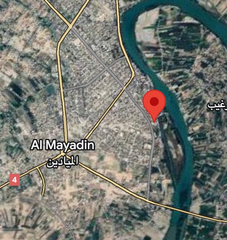 Quick and dirty geolocation of (likely) Islamic State VBIED attack in Mayadin, Deir ez Zor. 
35.0253551, 40.4598885