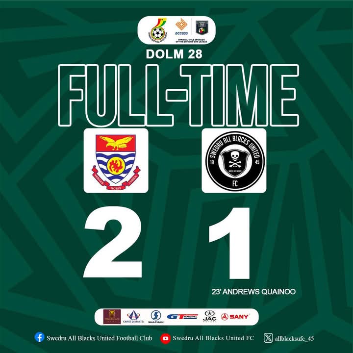University of Cape Coast (UCC) (@uccgh_official) on Twitter photo 🚨FULL-TIME
UCC Youngsters 2️⃣-1️⃣ Swedru All Blacks
Division One League.
Two more matches to round off the league. 🚨FULL-TIME
UCC Youngsters 2️⃣-1️⃣ Swedru All Blacks
Division One League.
Two more matches to round off the league.