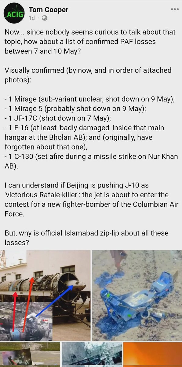 World Famous Air Warfare historian Tom Cooper release list of Pakistan AF losses aft intensive visual confirmation

1×Mirage, 1×Mirage-5, 1×JF-17, 1×F-16 &amp; 1×C-130 Airplane. He also says that Satellite pic confirm loss of 1×Saab AWACS at Bholari Airbase.