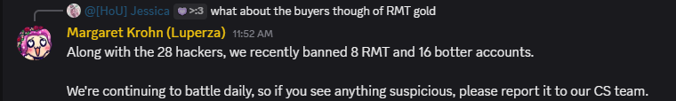 Per <a href="/MargaretKrohn/">𝕸𝖆𝖗𝖌𝖆𝖗𝖊𝖙 𝕶𝖗𝖔𝖍𝖓 🌱💕</a> on discord

In addition to the 28 hackers, 8 RMT accounts + 16 botter accounts were also recently banned.

#AshesofCreation