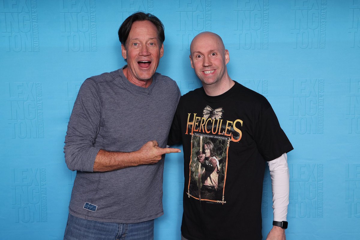 ProfMattyB's tweet image. Me with the fake Hercules in 1997 at Universal Studios Florida and me with the real Hercules in 2025 at Lexington Comic Con. We found the old pic while cleaning out my mom’s attic. I hope I can find the one with Xena, too! #Hercules #UniversalStudios #Xena #KevinSorbo