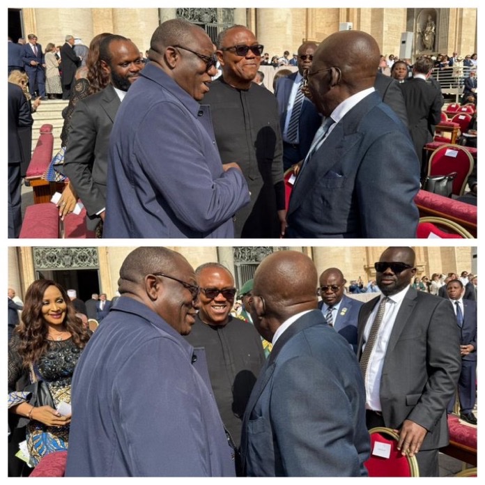 NigeriaStories's tweet image. President Bola Tinubu meets with Peter Obi and Fayemi at the Vatican
