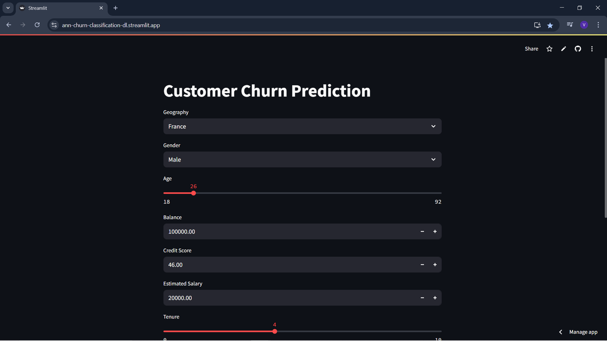 IparVishal's tweet photo. Customer Churn Prediction
- A project that combines Deep Learning, Artificial Neural Networks, and a Streamlit UI!
- App that predicts whether a customer is likely to churn, based on their input data.

 Website Link : https://t.co/6oYvHbjyZP
Source code : https://t.co/9pcdnlMk7r https://t.co/0VpLxjTbAk