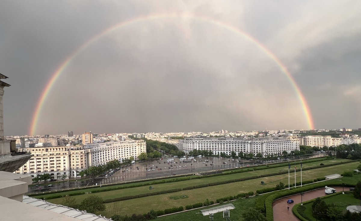 Just now, a miracle: a rainbow has arced next to the Romanian Parliament an hour before polls close.

“I have set my rainbow in the clouds… I will remember my covenant between me and you and all living creatures of every kind.” Genesis 9:13–15

Heaven has not forgotten Romania.