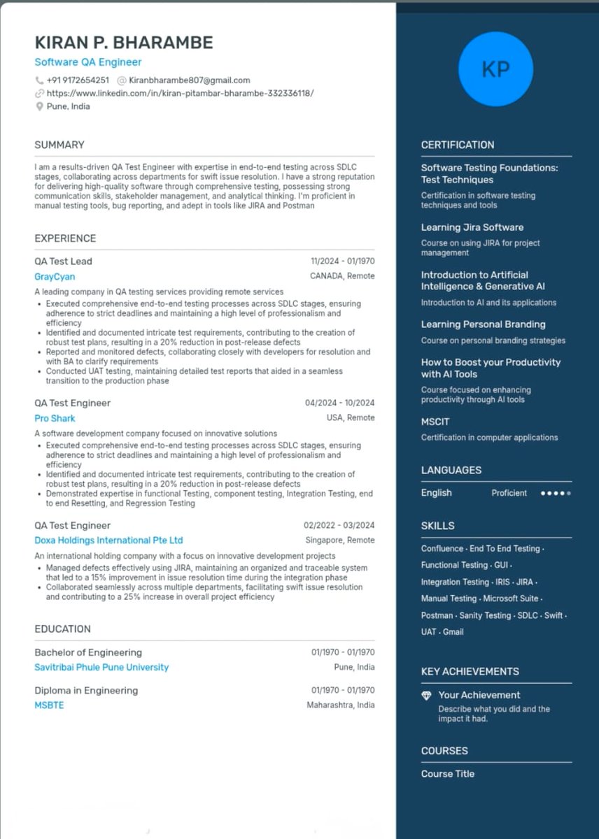 This Resume has an ATS score of more than 86🤯

This Resume helped many in getting interview calls from MNC companies💼

I have personally used this single-column resume in my job hunting and got amazing results!

I am sharing the exact similar ATS Friendly Resumes templates!

To