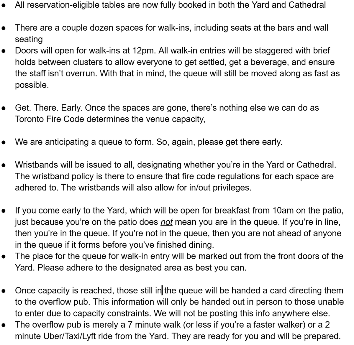 Thank you for your patience as we worked through all the member reservations. Here's the plan for Wednesday's Final at the Yard, Cathedral, &amp; a secret overflow pub that will be at the ready to handle anyone unable to get into the Yard: