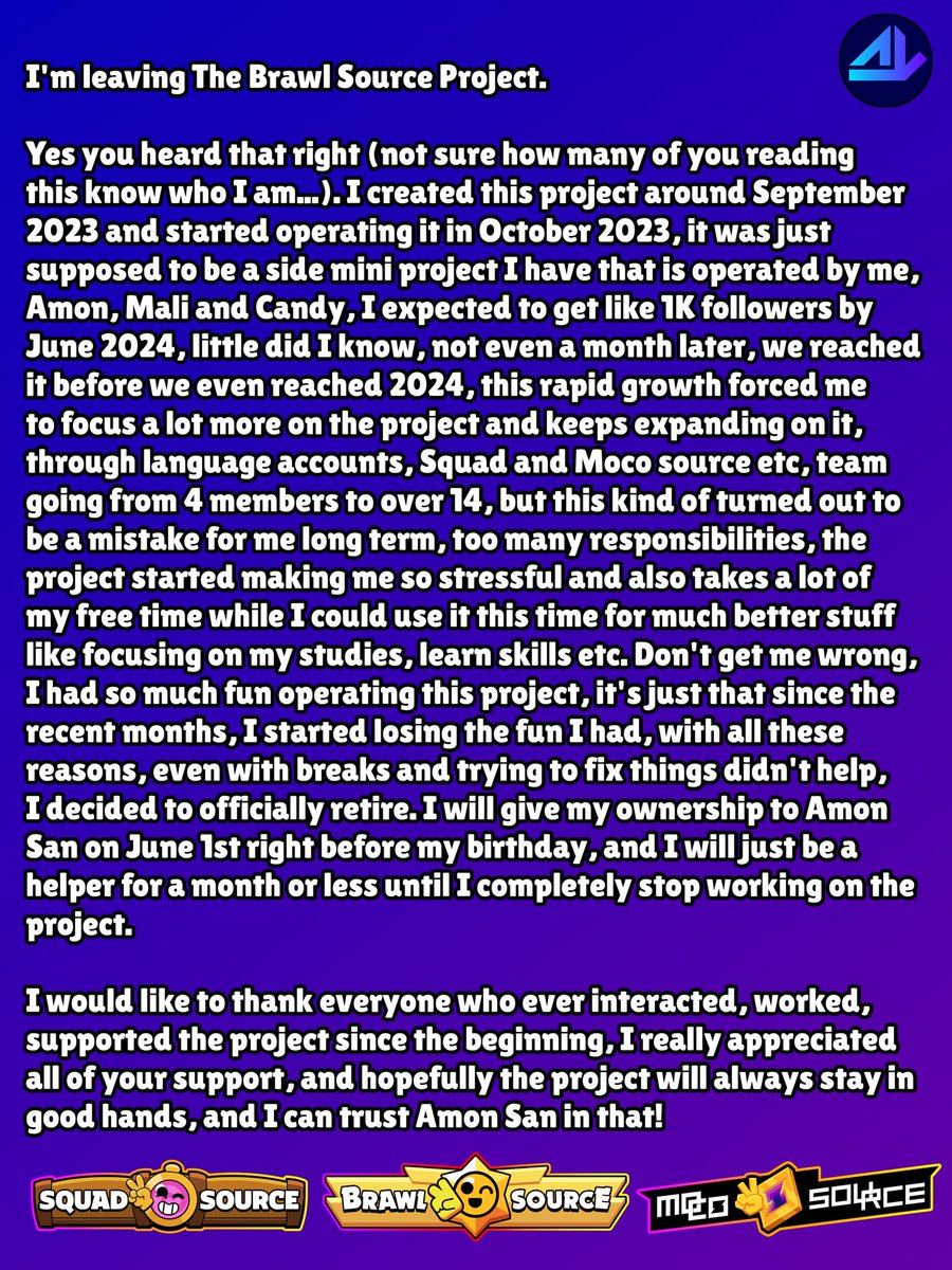 ⚠️ BIG ANNOUNCEMENT From the Owner of The Gaming Source (Brawl Source etc...) company himself! 🔥

I'm leaving? Read below! 👇

(1/3)