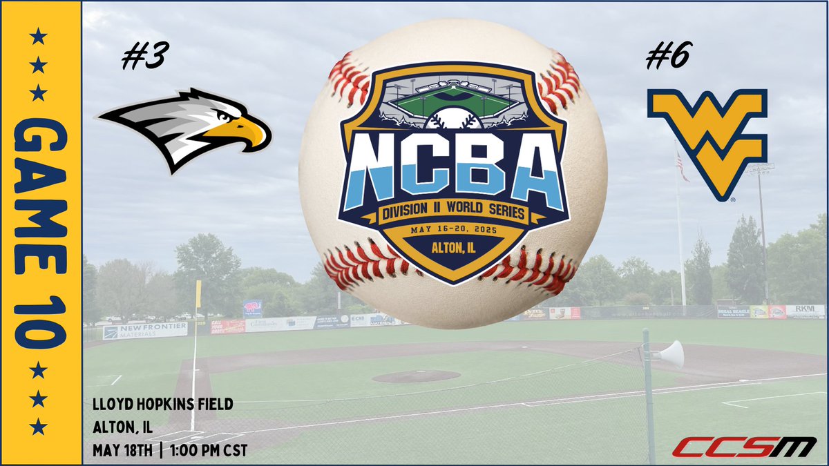 #NCBADIIWS -  GAME 10

⏰:  1:00 PM CST
📌:  Lloyd Hopkins Field  |  Alton, IL
🏆:  NCBA DII World Series | Elimination Game

#3 UW La Crosse
🆚
#6 West Virginia

LIVE game cast:
tinyurl.com/d6p9273w

LIVE video/broadcast:
collclubsports.tv/events/xthjfimz