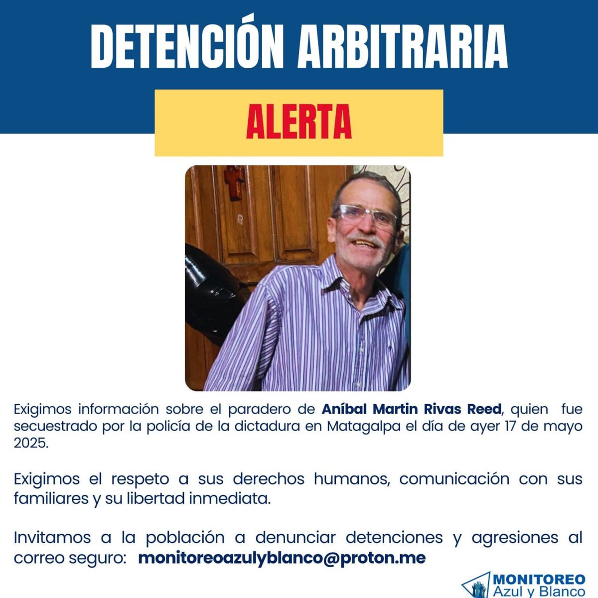 Dictadura Ortega Murillo continúa ejerciendo persecución en #Nicaragua, fin de semana de redadas de detenciones en departamentos del norte del país, exigimos la libertad de Aníbal Martin Rivas Reed. 
#SOSNicaragua