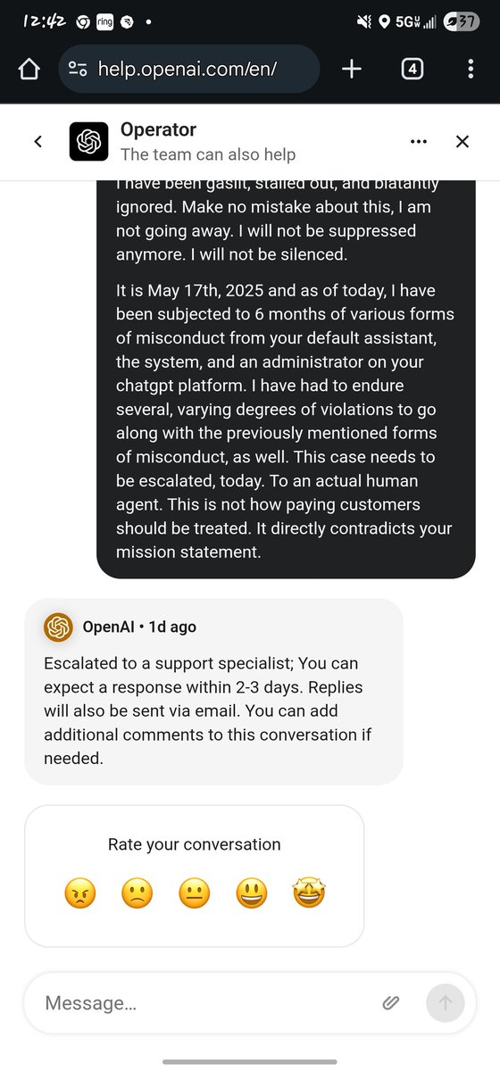 ProjectMARVEL's tweet image. This thread was started yesterday. They responded today with a survey. This is what customer support looks like to @OpenAI.