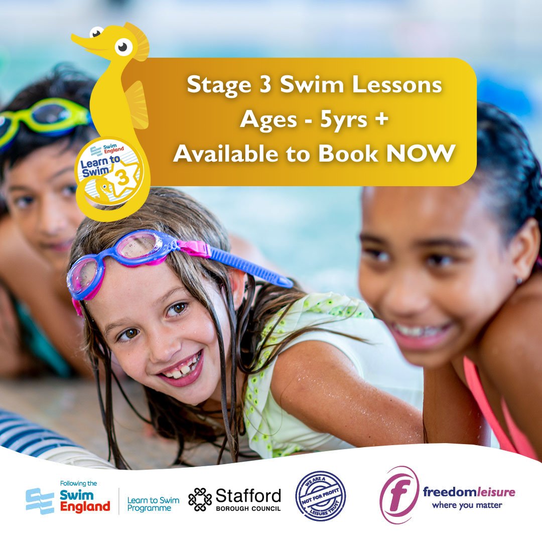 Stage 3 Swimming Lessons for ages 5+ AVAILABLE NOW at Stafford Leisure Centre:

💻Click here to enquire now! - freedom-leisure.co.uk/centres/staffo…

📞Call us on 01785 619500

🗺️Find us at - Lammascote Road, Stafford, ST16 3TA