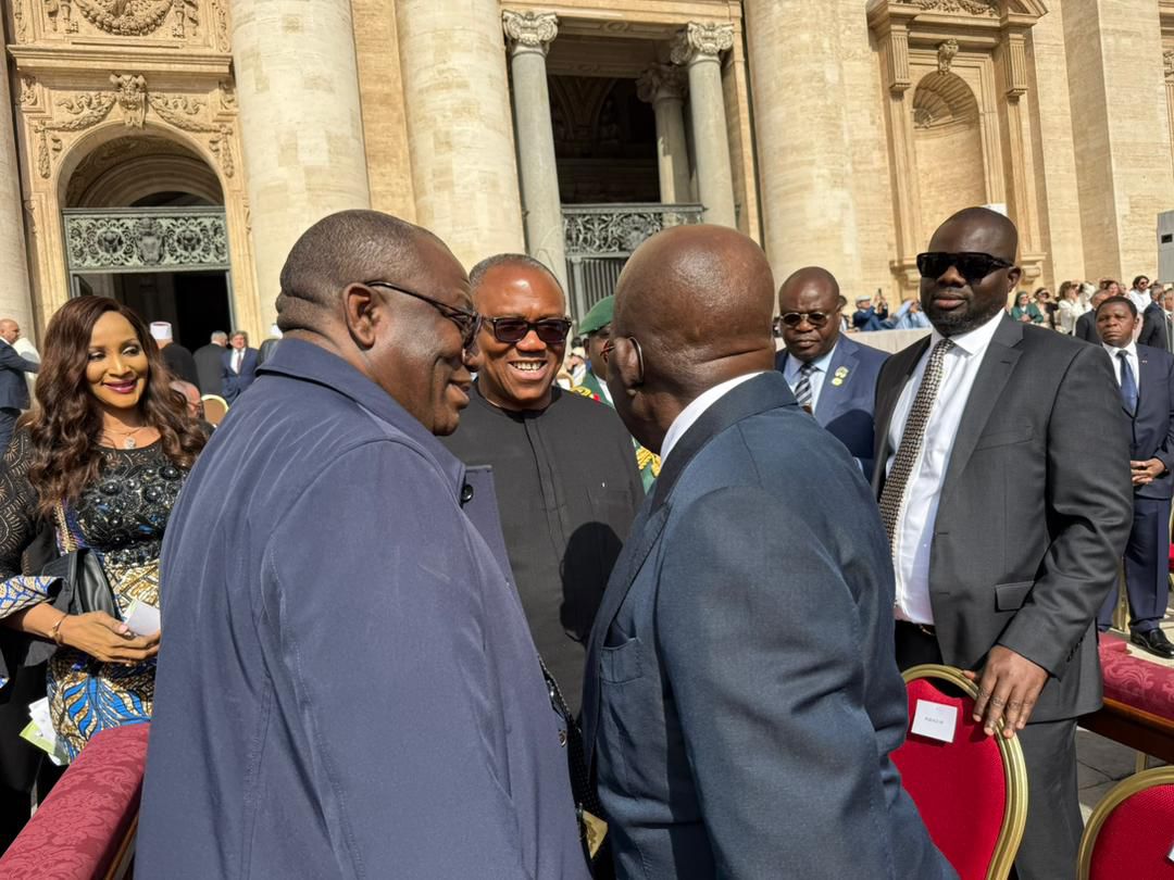 TheTope_Ajayi's tweet photo. A VATICAN STORY 

By Bayo Onanuga 

President Bola Tinubu, Mr Peter Obi, the Labour Party Presidential candidate, and former Ekiti governor Kayode Fayemi met at Pope Leo XIV's installation mass on Sunday in Rome.

Fayemi sighted President Tinubu, where he sat with other leaders and asked Obi to follow him to pay homage to the Nigerian leader. Obi agreed.

On getting to the President, Fayemi broke the ice between Obi and Tinubu. He said:

 “Mr. President, welcome to our church, and thank you for honouring the Pope with your presence.”

President Tinubu, ever quick-witted, responded:  “I should be the one welcoming you and Peter. I’m the Head of the Nigerian Delegation”.

The President’s response cracked up Obi, who agreed with the President. 

Obi said:  “Yes, indeed. We are members of your delegation”.

Peter Obi and Fayemi are staunch Catholics and Papal knights.