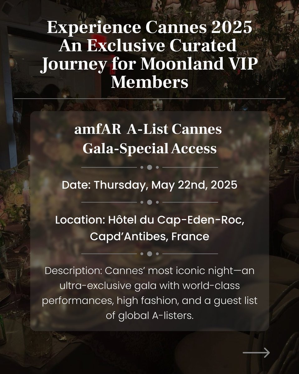 amfAR A-List Cannes Gala (very limited availability for members only)
📩 info@moonlandvip.com 
#Cannes2025 #amfAR