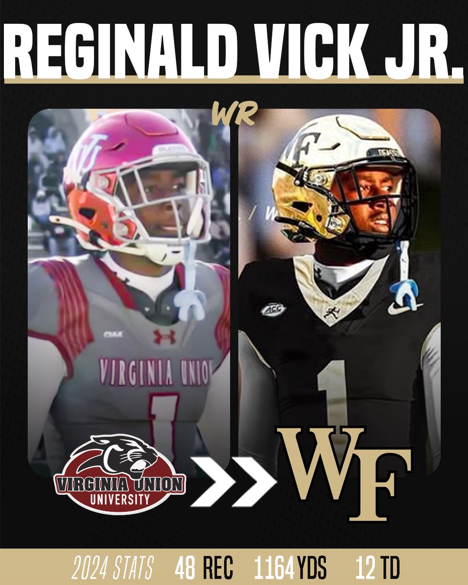Division 1 Rejects (@d1_rejects) on Twitter photo The phenomenal career continues for WR <a href="/_reginaldvick/">Reginald Vick Jr</a> 🤝
The <a href="/VUU_Football/">Virginia Union Univ Football 🏈</a> product is taking his talents to <a href="/WakeFB/">Wake Forest Football</a> The phenomenal career continues for WR <a href="/_reginaldvick/">Reginald Vick Jr</a> 🤝
The <a href="/VUU_Football/">Virginia Union Univ Football 🏈</a> product is taking his talents to <a href="/WakeFB/">Wake Forest Football</a>