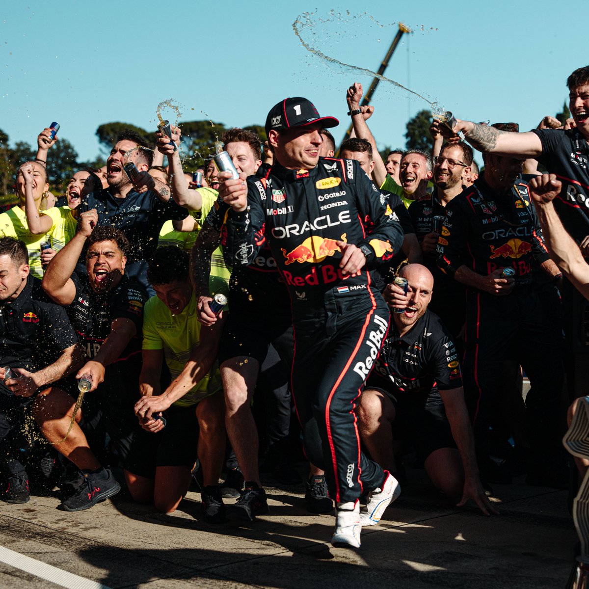 F1's tweet photo. Max leads the celebrations in @redbullracing's 400th race 🤩

#F1 #ImolaGP https://t.co/kkOcx80jta