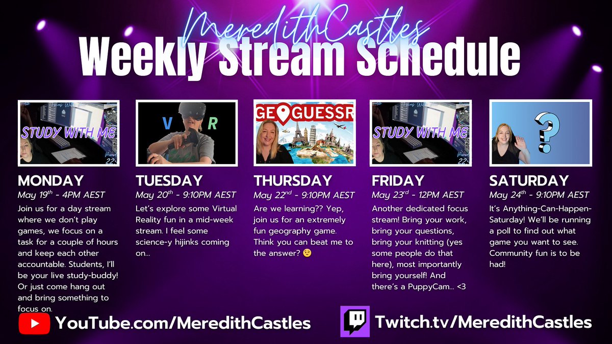 We’re changing it up a bit this week, Focus With Me streams moved to Monday and Friday. There’s something science-y for everyone with VR madness on Tuesday and Geography fun on Thursday. Links in image, see you there! 👋
<a href="/ScienceAU/">Science & Technology Australia</a> #SuperstarsOfSTEM