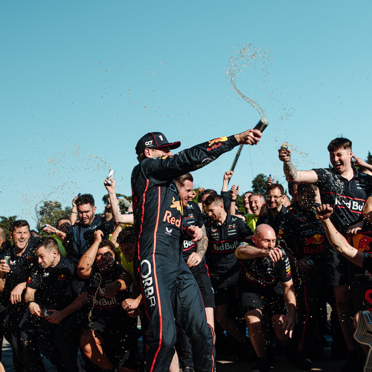 F1's tweet photo. Max leads the celebrations in @redbullracing's 400th race 🤩

#F1 #ImolaGP https://t.co/kkOcx80jta