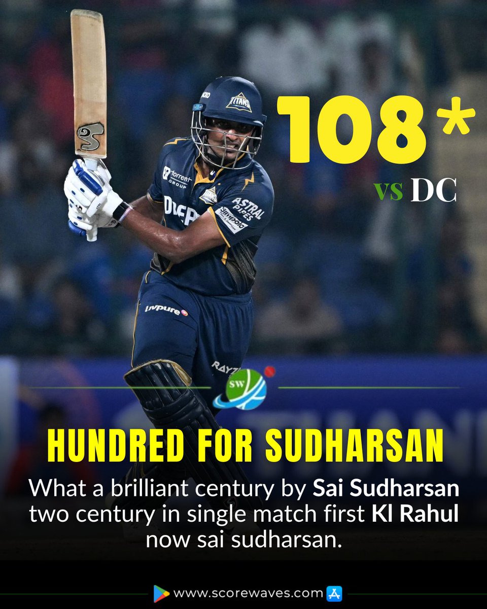 ScoreWaves's tweet photo. HUNDRED FOR Sudharsan💯
What a brilliant century by Sai Sudharsan two century in single match first Kl Rahul now sai sudharsan.

🌐https://t.co/rZVEKbAE1r

#SaiSudhrasan #KLRahul #Hundred #2ndcentury #Record #IPL #IPL2025 #DCvsGT #DCvsGTmatch #IndianPremierLeague #scorewaves https://t.co/podQpVJ50I