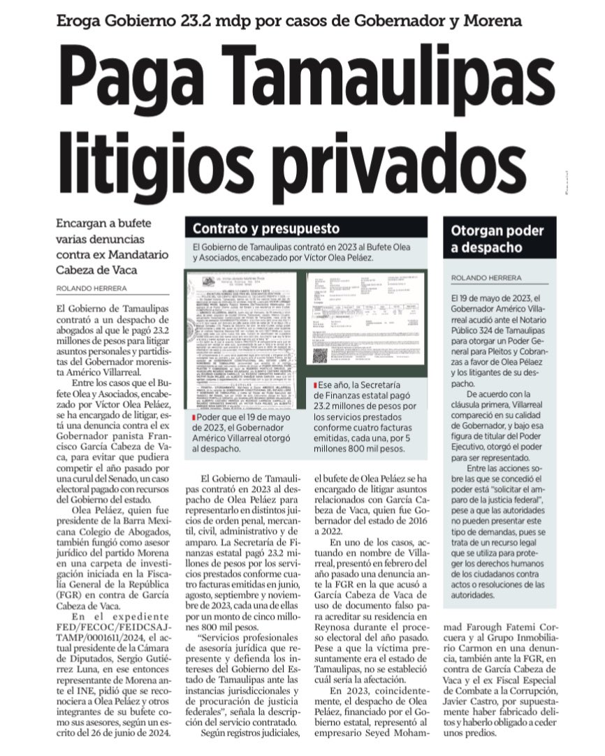 JTrianaT's tweet photo. El Gobierno de Tamaulipas pagó 23.2 mdp para litigar venganzas políticas de Américo Villarreal.

Con dinero de los contribuyentes se cubrieron los honorarios millonarios del abogado Víctor Olea. El único fin fue sacar a Cabeza de Vaca de la contienda electoral.

No tienen madre. https://t.co/IX2qT6hLgY