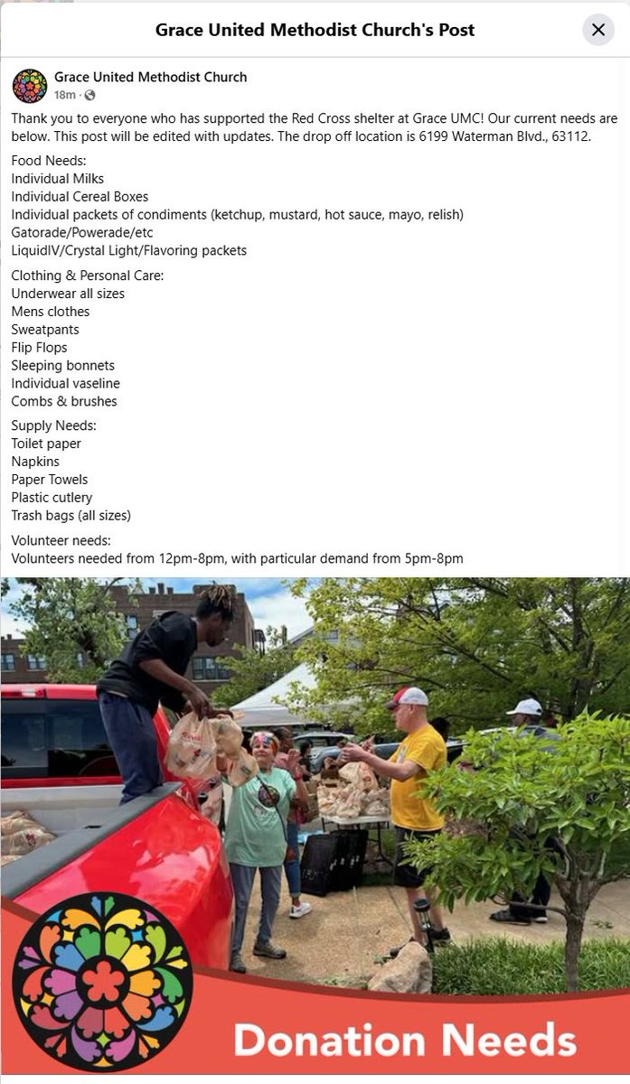 Cache22's tweet image. If anyone can help, Grace UMC in St. Louis is in need of some items and volunteers to help those affected by yesterday&apos;s tornado. facebook.com/GraceUMCSTL/po… pic.x.com/fchS7xyZlb

@ryanhallyall @TheYallSquad @YALLITSCHAN