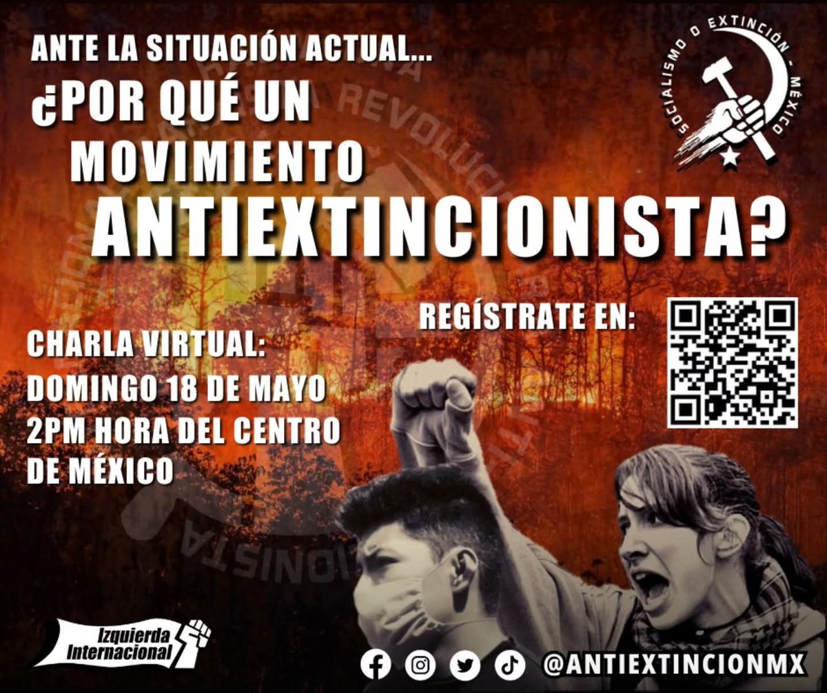 Te invitamos a nuestra charla virtual este próximo domingo 18 de mayo 2 p.m hora del centro de México. Regístrate en forms.gle/Xbyzvm7cLVA6NV… 

#socialismooextinción