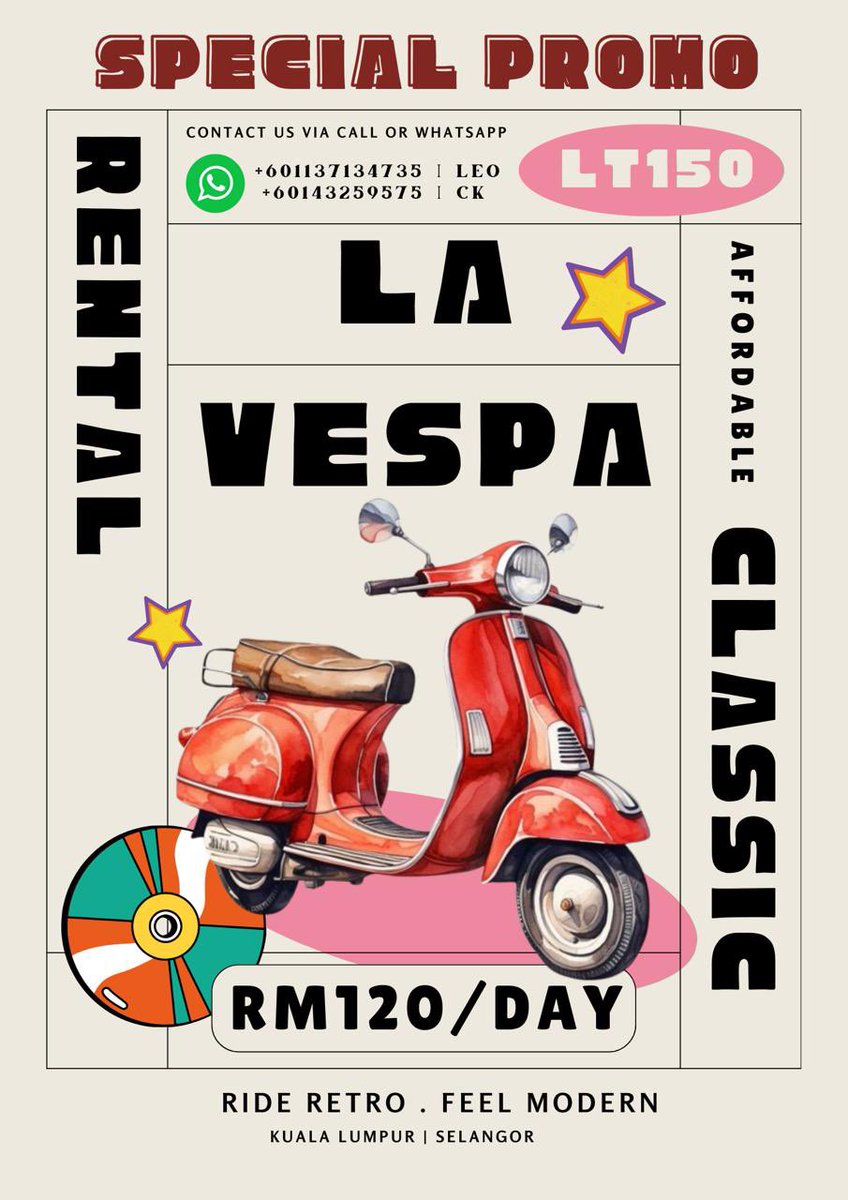 Vespa Rental Bike in Kuala Lumpur  | RIDE &amp; Explore KL City with Vespa 

Contact  Directly Dm or whatsapp 🛵💨

#KualaLumpur #tourkl #travelkl #kl #ampang #vespa #sewamotor #tourism