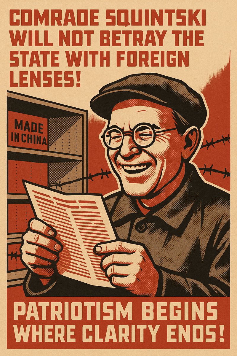 InstaGator2024's tweet photo. Comrade Squintski proudly reads your tweets from 3 inches away with state-issued glass orbs and unshakable loyalty.
He may be blind, but at least he’s morally clear.
#EatTheTariffs #TariffVision #ClarityIsCapitalist #SquintForTheMotherland https://t.co/228mcE1rWX