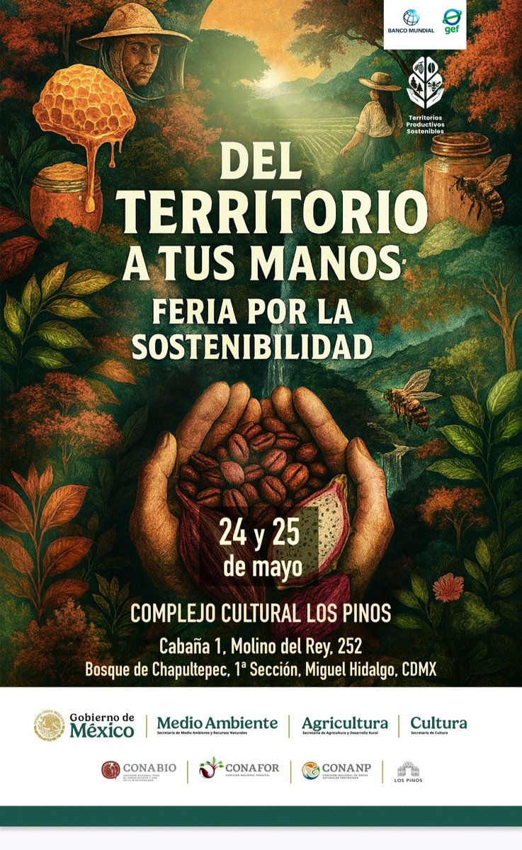 ¡Te esperamos en la feria “Del Territorio a tus Manos”!
Este 24 y 25 de mayo en #LosPinosCDMX
.
Ven y descubre productos como miel, cacao, café y mucho más, directamente de los territorios.
.
 #FeriaTPS <a href="/CC_LosPinos/">Complejo Cultural Los Pinos</a>  #semarnat