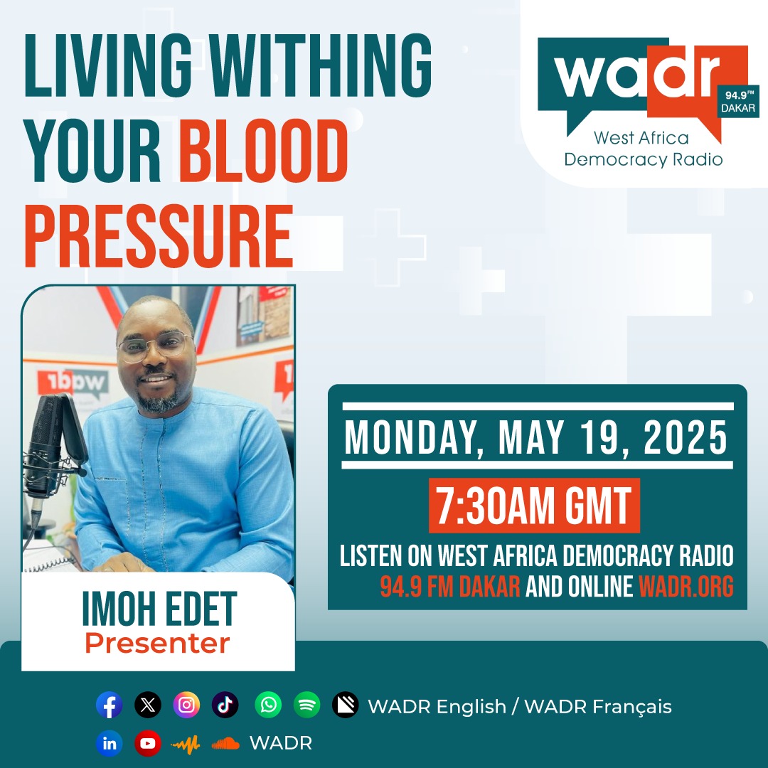 wadrenglish's tweet image. Can you really live well with high blood pressure?
 Join Imoh Edet this Monday for expert advice on managing your BP and improving your lifestyle.
🗓️ Monday, May 19, 2025
 🕢 7:30 AM GMT
 📻 94.9FM Dakar | 💻 wadr.org
 #BloodPressure #WADRHealth #WellnessTalk #WADR
