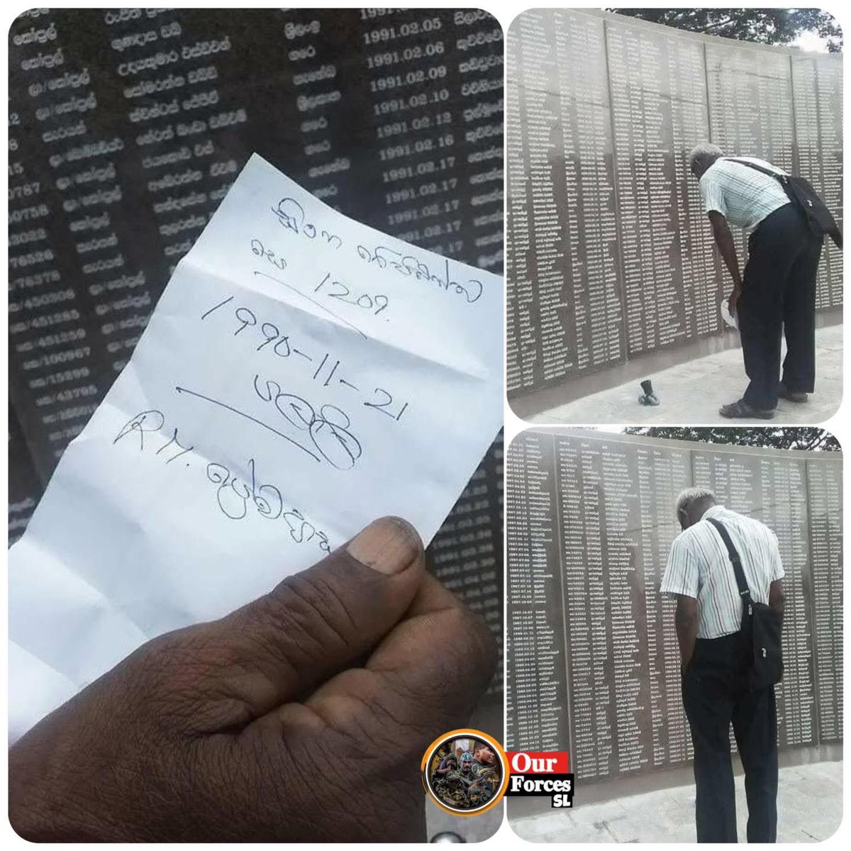 vajirasumeda's tweet photo. Singha Regiment 
Soldier No: 1209
Demised - 1990-11-21 palali (north #Srilanka)
R.M premadasa
............
A father of war hero searching his son's name in the list carved in war hero monument in colombo with a note in his hand.
#VictoryDay Salute !! https://t.co/DBuKlta2FR