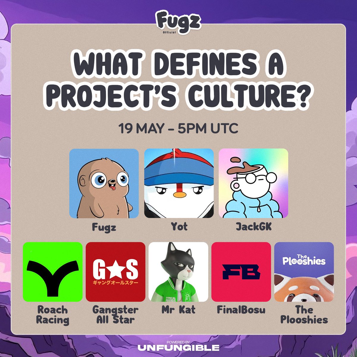 Fugz (@fugzofficial) on Twitter photo Fugz Space #12: What defines a projects culture? 🏕️
🗓️ Monday 19th May, 5pm UTC
Co-Hosted by <a href="/yotdog69/">Yot 🤘</a> and <a href="/JackGK_BTC/">JackGK</a>
With Special guests <a href="/ThePlooshies/">The Plooshies</a>, <a href="/finalbosuX/">Finalbosu</a>, <a href="/MeowMrkat/">Mr Kat | Character Artist</a>, <a href="/gangsterallstar/">GANGSTER ALL ★ STAR ギャングオールスター</a> @ <a href="/RoachRacingClub/">Roach Racing Club</a>.
Set reminders below! 👇 Fugz Space #12: What defines a projects culture? 🏕️
🗓️ Monday 19th May, 5pm UTC
Co-Hosted by <a href="/yotdog69/">Yot 🤘</a> and <a href="/JackGK_BTC/">JackGK</a>
With Special guests <a href="/ThePlooshies/">The Plooshies</a>, <a href="/finalbosuX/">Finalbosu</a>, <a href="/MeowMrkat/">Mr Kat | Character Artist</a>, <a href="/gangsterallstar/">GANGSTER ALL ★ STAR ギャングオールスター</a> @ <a href="/RoachRacingClub/">Roach Racing Club</a>.
Set reminders below! 👇