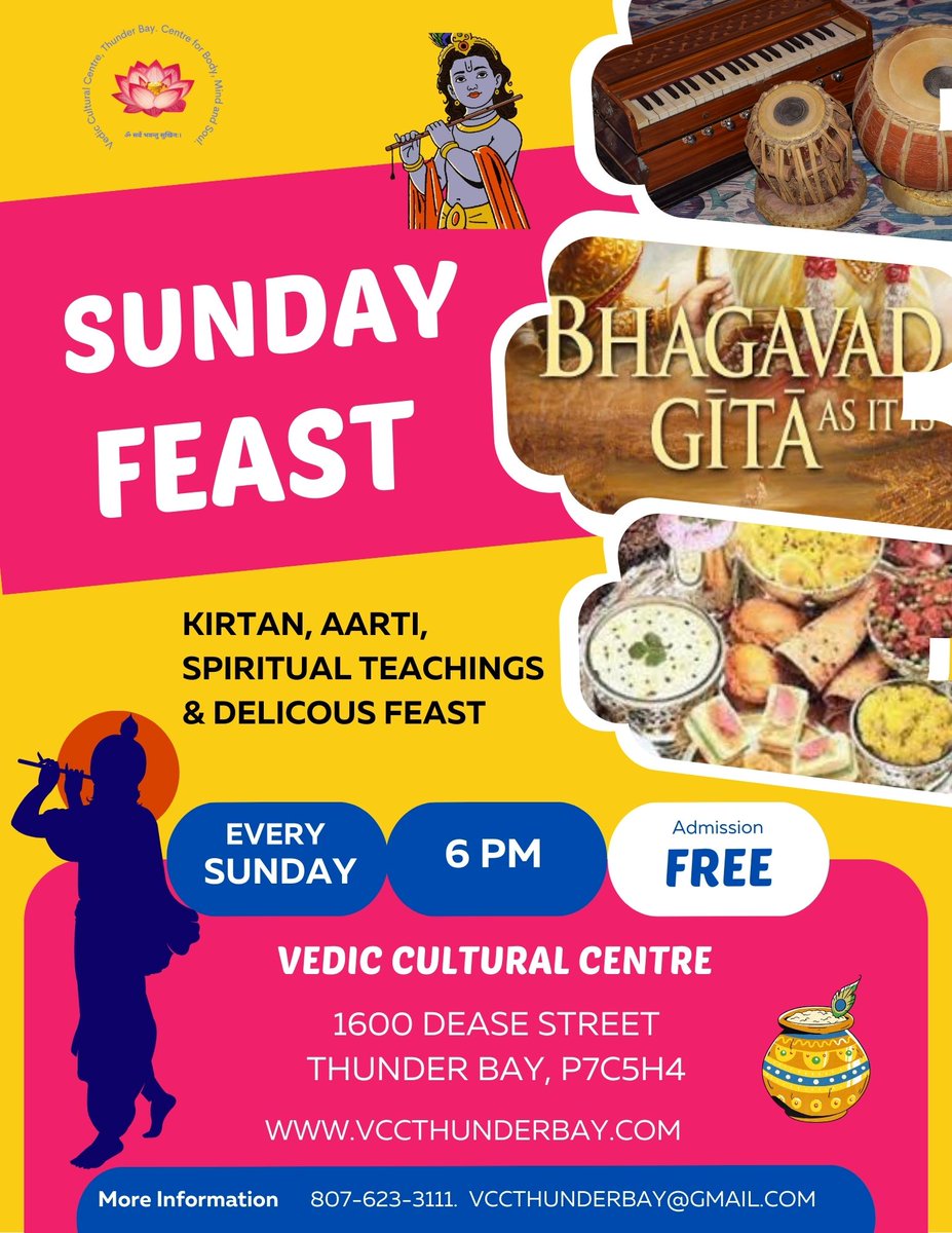 ITbay's tweet photo. Join us for Sunday Feast  at Vedic Cultural Centre

🗓 Sunday | 6 PM
📍 Vedic Cultural Centre
📍 1600 Dease St, Thunder Bay

✨ Inspiring Gita Teachings
✨ Soulful Kirtan
✨ Free Feast

 You may join us online at
https://t.co/7SlqleSPXB

🙏 All Are Welcome! https://t.co/YTWUXEYg33