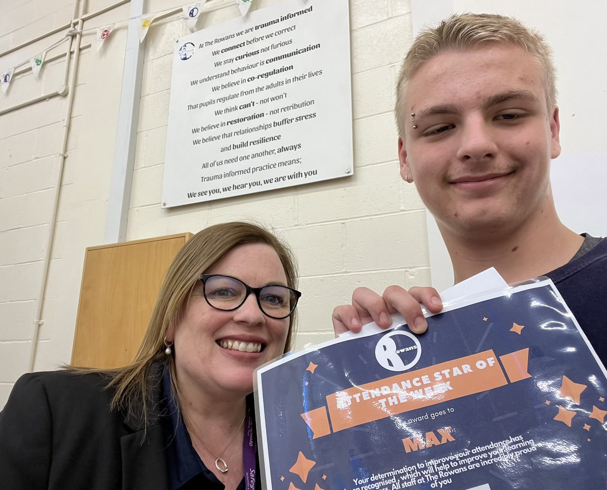As year 11 prepare to leave The Rowans, Max has been awarded attendance star of the week. He always shows up and never gives up. He has had an incredible journey with us and he is leaving with qualifications and core values for his future. Well done Max, keep up the great work