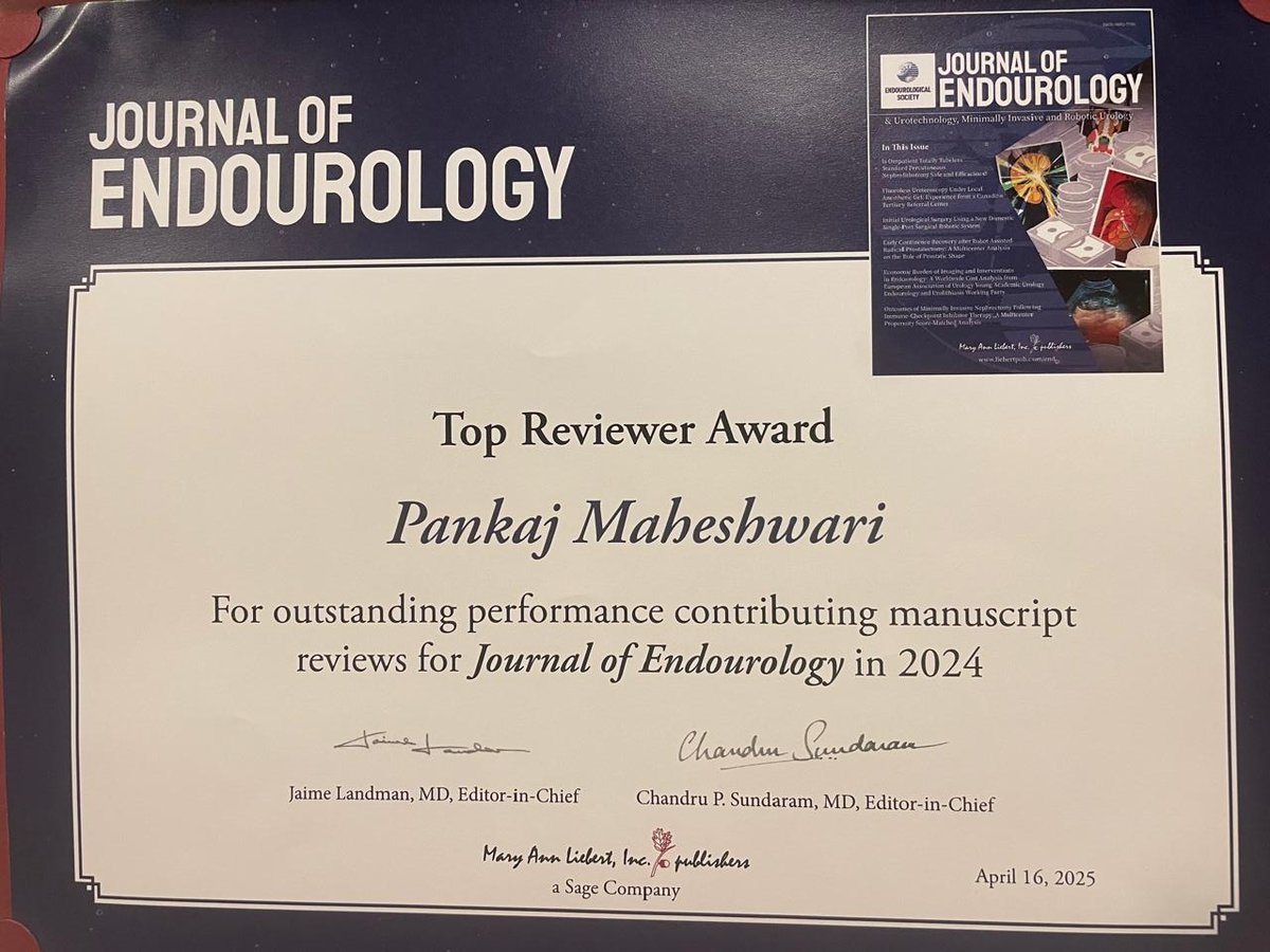 Happy to share that I have received the 'Top-Reviewer' award from the Journal of endourology.
Received this for consecutive third year. 
Thanks to the Editors of J Endourol for this opportunity