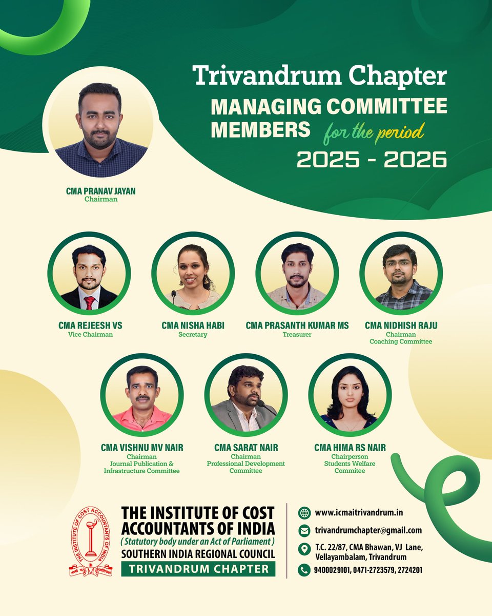 CMA - Trivandrum Chapter (@cma_tvm_chapter) on Twitter photo Newly elected Management Committee for the period 2025-26
Regards
The Management Committee
The Institute of Cost Accountants of India - Trivandrum Chapter✅
<a href="/ICMAICMA/">The Institute of Cost Accountants of India</a> <a href="/CMAPappan/">CMA HP Pappan Bhai</a> <a href="/Pranavjayancma/">Pranav Jayan</a>
#cma #icmai Newly elected Management Committee for the period 2025-26
Regards
The Management Committee
The Institute of Cost Accountants of India - Trivandrum Chapter✅
<a href="/ICMAICMA/">The Institute of Cost Accountants of India</a> <a href="/CMAPappan/">CMA HP Pappan Bhai</a> <a href="/Pranavjayancma/">Pranav Jayan</a>
#cma #icmai