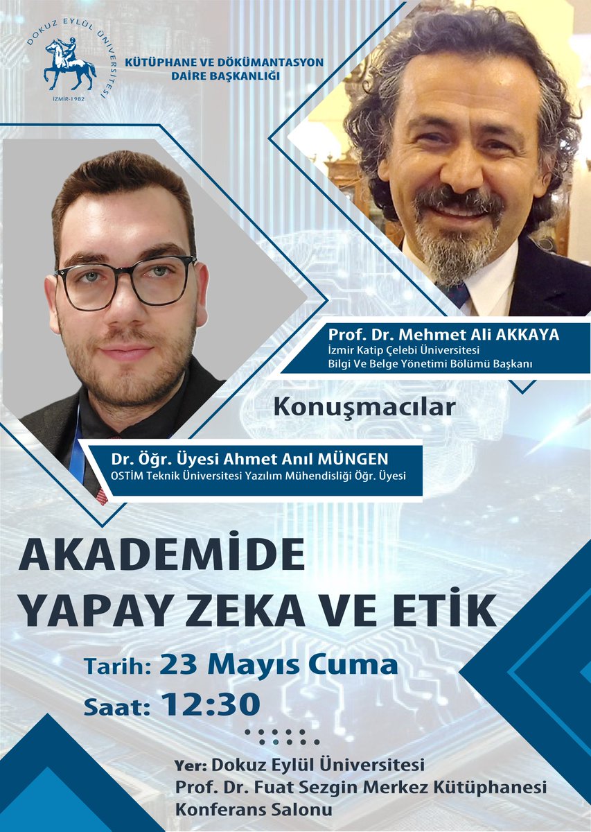 deu_kutuphane's tweet photo. #universitemDEU @deu_kutuphane'mizin düzenleyeceği "Yapay Zeka ve Etik” konusunda  bir etkinlik düzenlenecektir‼️ 

Etkinlik katılım bilgileri ekteki afişimizde yer almaktadır.  @_bayramyilmaz_ @pirikesifaraci @ikcu_bby 

https://t.co/rXZHi863pO https://t.co/lpWAQUIsxn