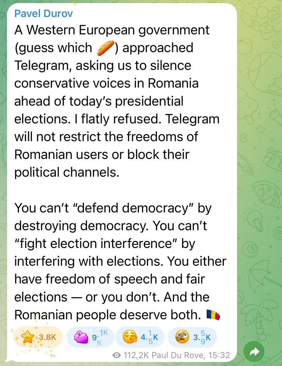 UNFASSBAR!

Von Pavel Durov auf Telegram. Er riskiert viel für die Meinungsfreiheit:

„Eine westeuropäische Regierung (raten Sie mal, welche 🥖) ist an Telegram herangetreten und hat uns gebeten, konservative Stimmen in Rumänien vor den heutigen Präsidentschaftswahlen zum