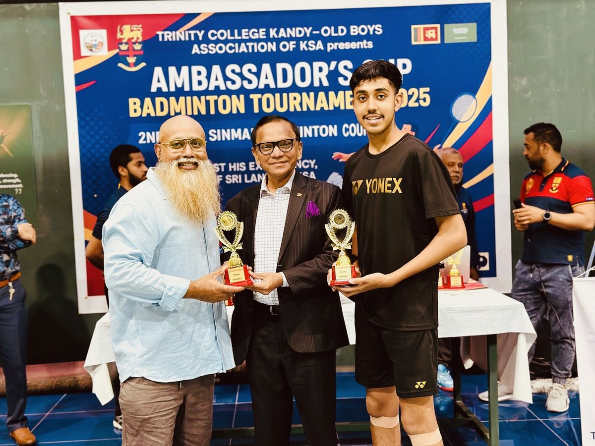 Trinity College Kandy OBA jointly with the Embassy hosts Badminton Tournament for “Ambassador’s Cup” in Riyadh

On an initiative by the Sri Lanka Embassy in Riyadh, the Trinity College Kandy Old Boys’ Association in Saudi Arabia (TCK OBA KSA) jointly with the Embassy, hosted the
