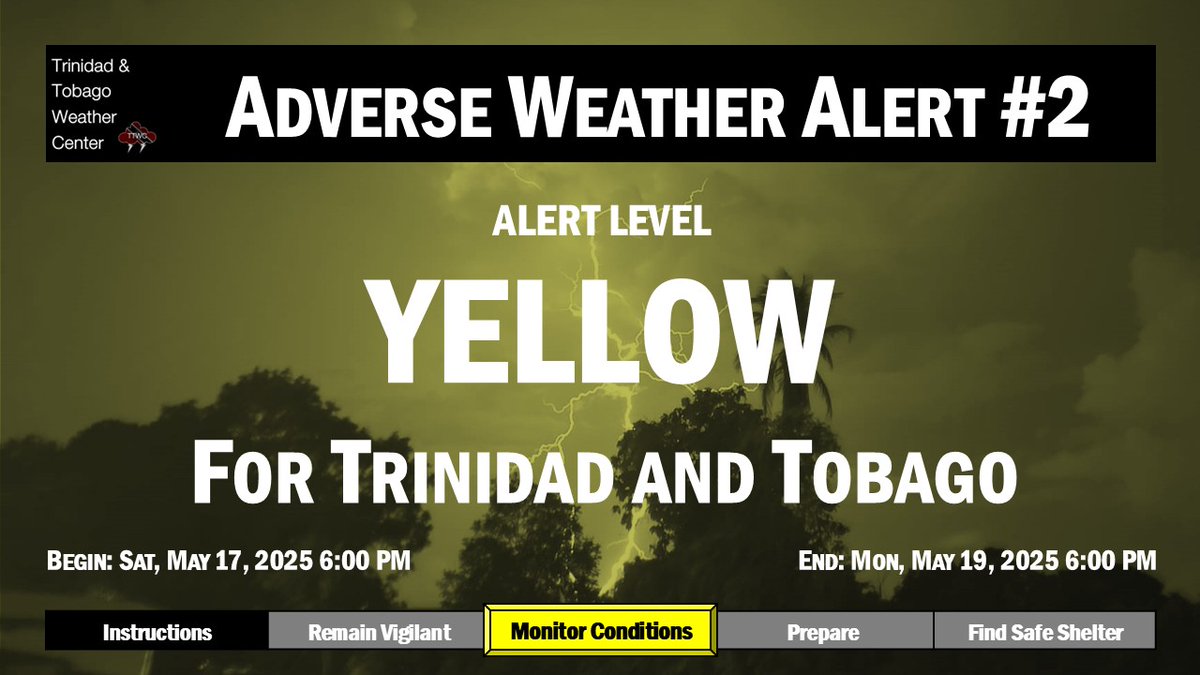 TTWeatherCenter's tweet photo. The Adverse Weather Alert has been extended until 6:00 PM Monday as additional rainfall is forecast overnight through tomorrow.

The ITCZ is forecast to drift toward T&T, bringing more showers and thunderstorms overnight tonight. Flooding is ongoing in several areas of Trinidad.

https://t.co/Sb2ql56Qd9