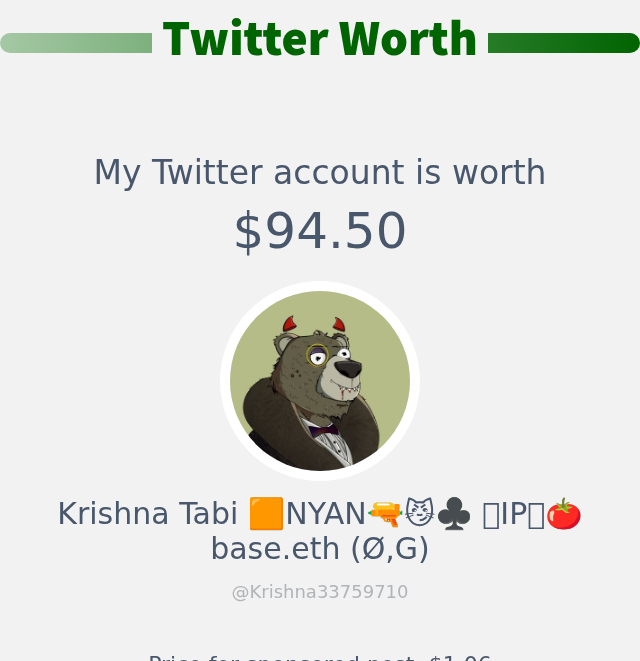 My Twitter worth is: $94.50

➡️ infinityweet.me/account-worth