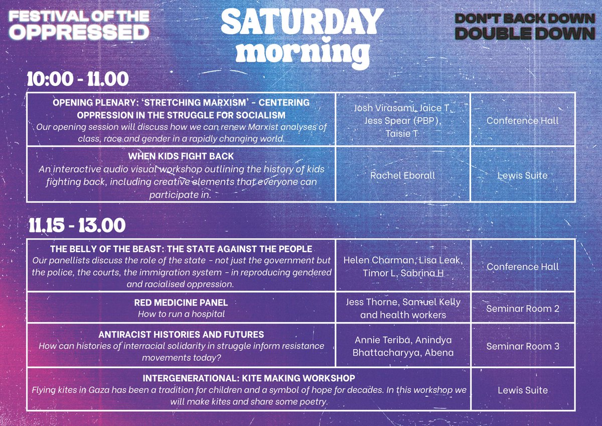 Saturday morning will feature sessions on how the state structures oppression, anti-racist histories and solidarity, and a collab panel with <a href="/Red_Medicine__/">Red Medicine</a> 

We're also running a stream of activities for all age groups alongside the other sessions! 🪁