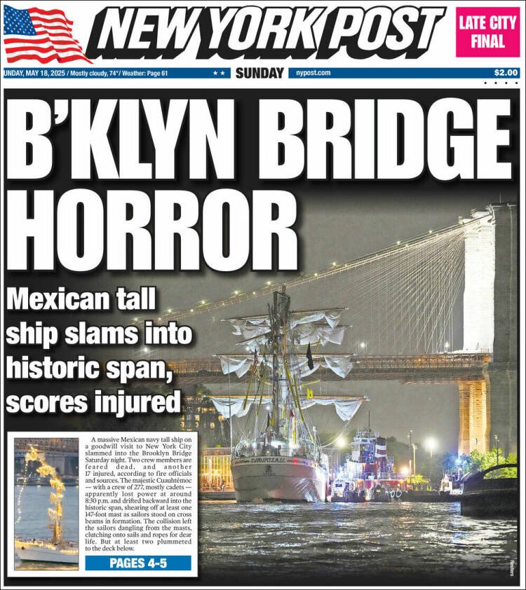 felyxmarquez's tweet image. “Horror en el puente de Brooklyn” se lee en la portada del tabloide más vendido de Nueva York.
Con una foto de Reuters a plana completa, el @newyorkpost da cuenta de la tragedia donde, hasta ahora, han muerto dos cadetes del Buque Cuauhtémoc.