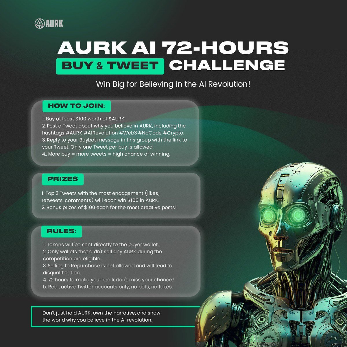 🚀 AURK AI 72-Hours Buy & Tweet Challenge – Win Big for Believing in the AI  Revolution! 🚀 How to Join: 1. Buy at least $100 worth of $AURK. 2. Post a