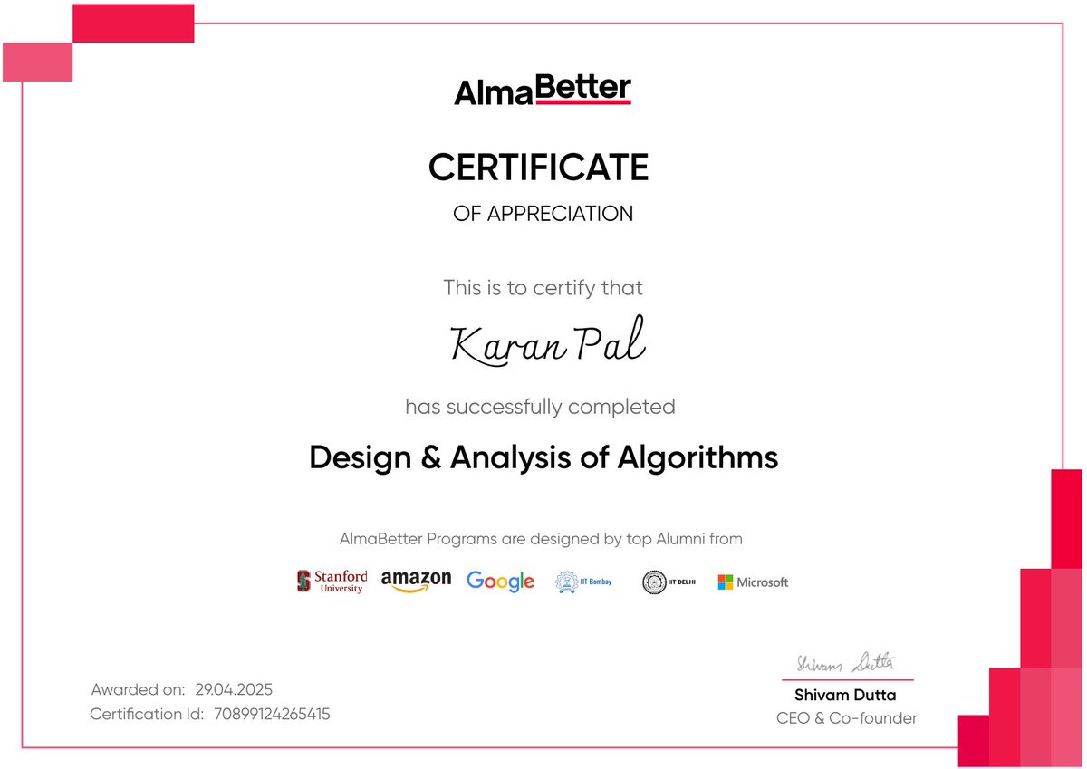 developerKarann's tweet photo. Cleared the Design &amp; Analysis of Algorithms course!
Learned core Data Structures, Searching &amp; Sorting, and Backtracking.
Feeling more confident in writing efficient code!
#Algorithms #DataStructures #Coding #Backtracking #100DaysOfCode #TechJourney https://t.co/lnE9yZMToF